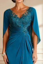 Bodycon V Neck Cape Appliques Floor-Length Mother of the Bride Dress