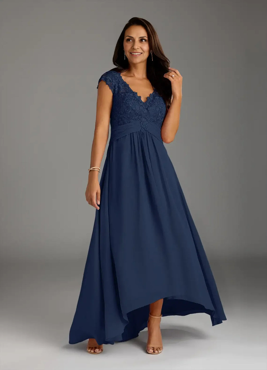 Navy Dress Classic Dark A-Line Dress Asymmetrical Length Cap Sleeve Illusion Back Mother of the Bride Dress