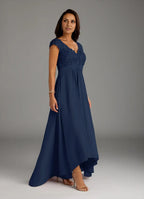 Navy Dress Classic Dark A-Line Dress Asymmetrical Length Cap Sleeve Illusion Back Mother of the Bride Dress