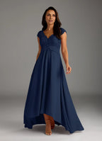 Navy Dress Classic Dark A-Line Dress Asymmetrical Length Cap Sleeve Illusion Back Mother of the Bride Dress