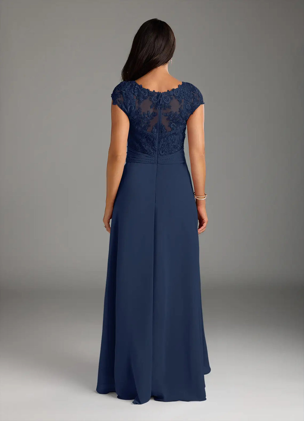 Navy Dress Classic Dark A-Line Dress Asymmetrical Length Cap Sleeve Illusion Back Mother of the Bride Dress