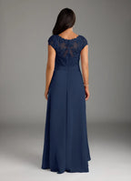 Navy Dress Classic Dark A-Line Dress Asymmetrical Length Cap Sleeve Illusion Back Mother of the Bride Dress