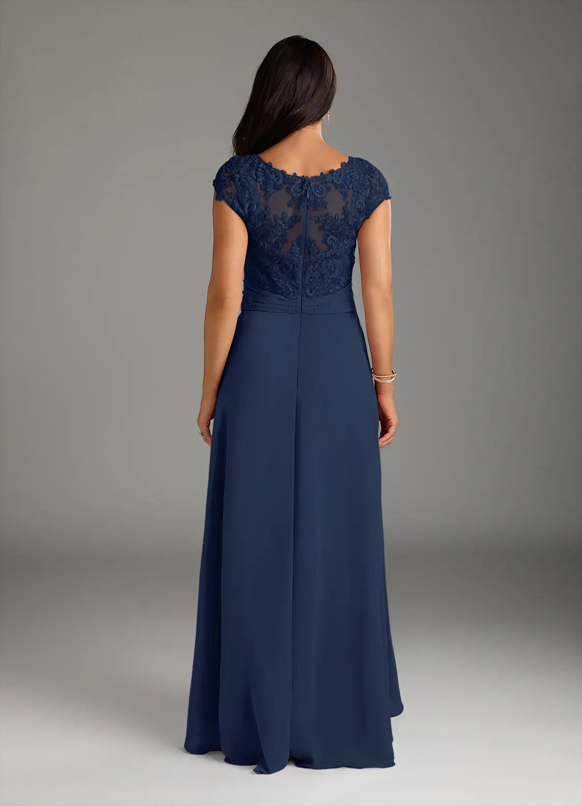 Navy Dress Classic Dark A-Line Dress Asymmetrical Length Cap Sleeve Illusion Back Mother of the Bride Dress