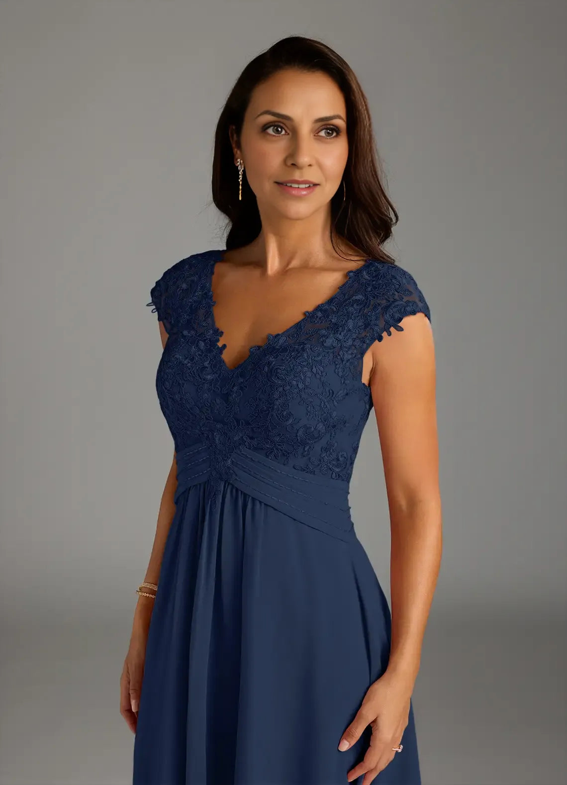 Navy Dress Classic Dark A-Line Dress Asymmetrical Length Cap Sleeve Illusion Back Mother of the Bride Dress