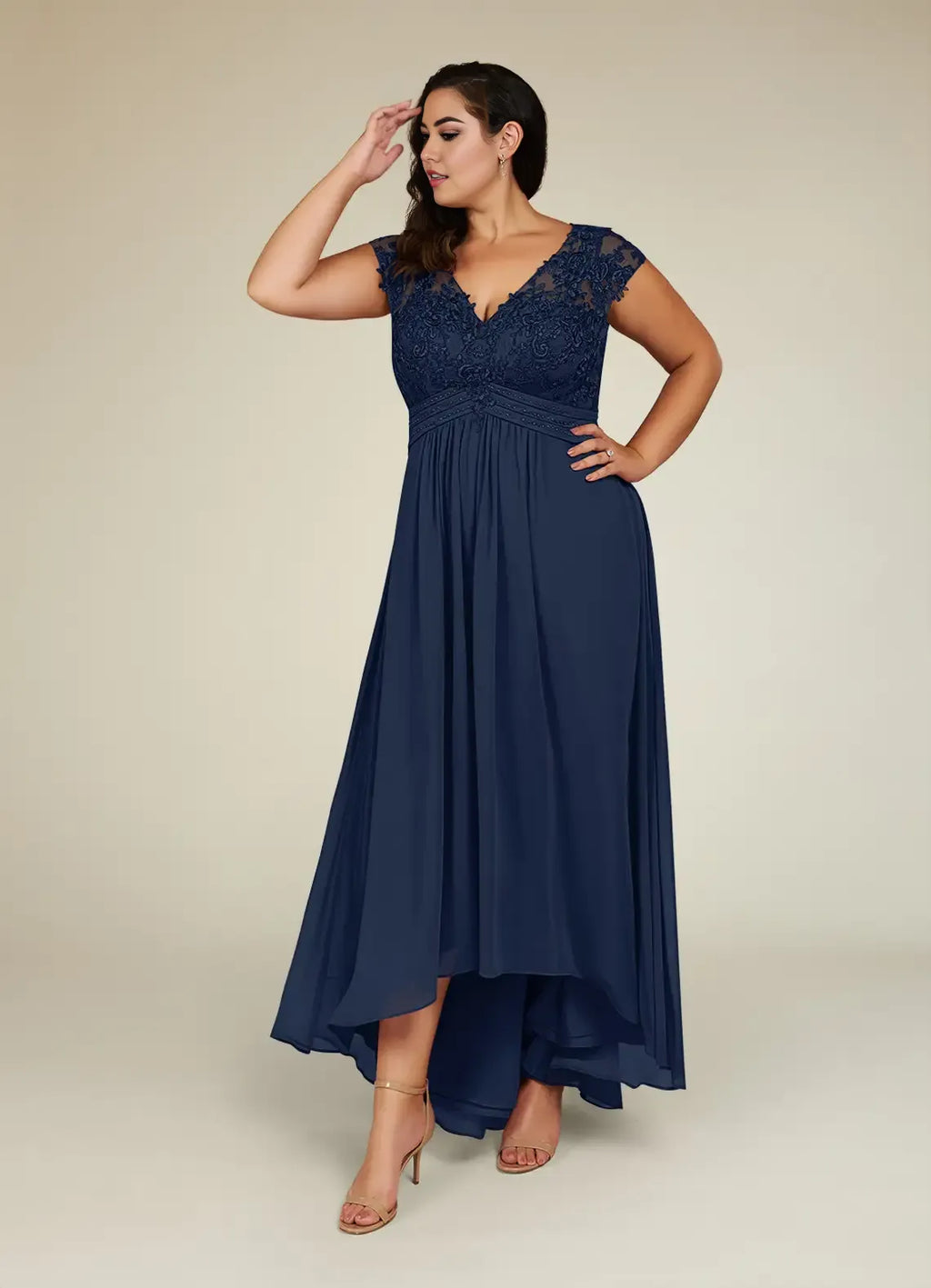 Navy Dress Classic Dark A-Line Plus Size Mother Of The Bride Dress Asymmetrical Length Cap Sleeve Illusion Back Mother of the Bride Dress
