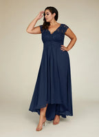 Navy Dress Classic Dark A-Line Plus Size Mother Of The Bride Dress Asymmetrical Length Cap Sleeve Illusion Back Mother of the Bride Dress