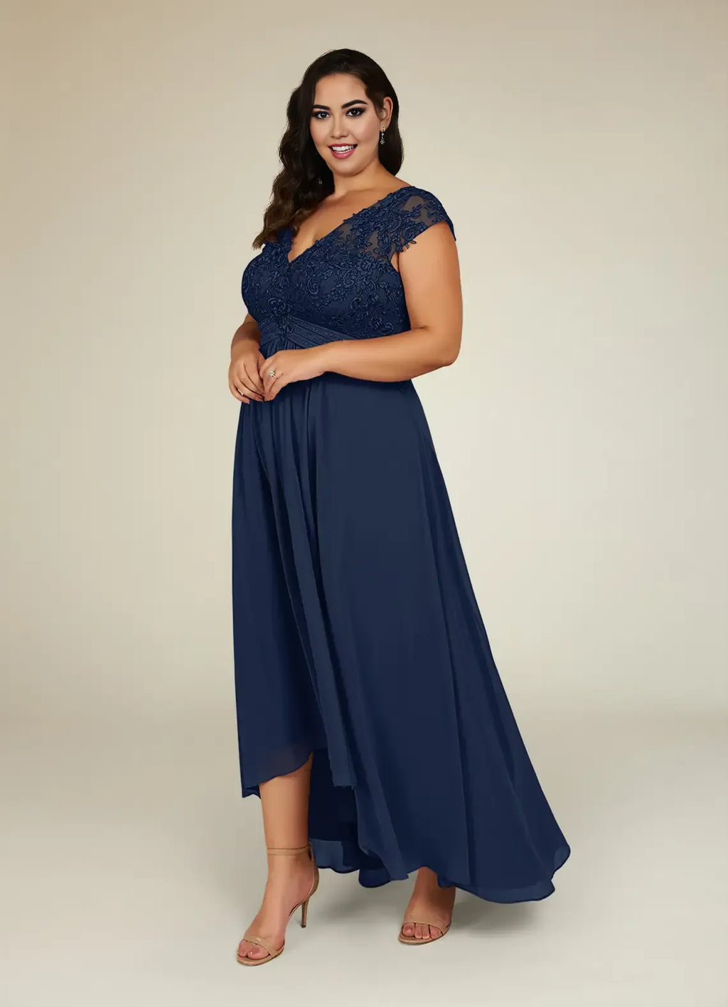 Navy Dress Classic Dark A-Line Plus Size Mother Of The Bride Dress Asymmetrical Length Cap Sleeve Illusion Back Mother of the Bride Dress