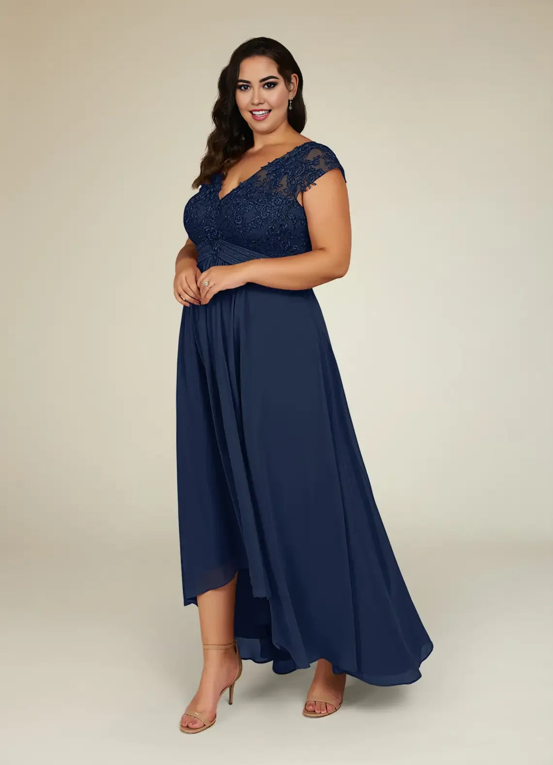 Navy Dress Classic Dark A-Line Plus Size Mother Of The Bride Dress Asymmetrical Length Cap Sleeve Illusion Back Mother of the Bride Dress