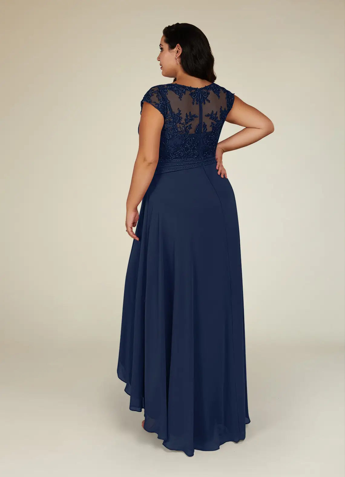 Navy Dress Classic Dark A-Line Plus Size Mother Of The Bride Dress Asymmetrical Length Cap Sleeve Illusion Back Mother of the Bride Dress