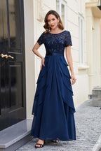 Navy Elegant A-Line Boat-Neck Sequins Long Mother of The Bride Dress