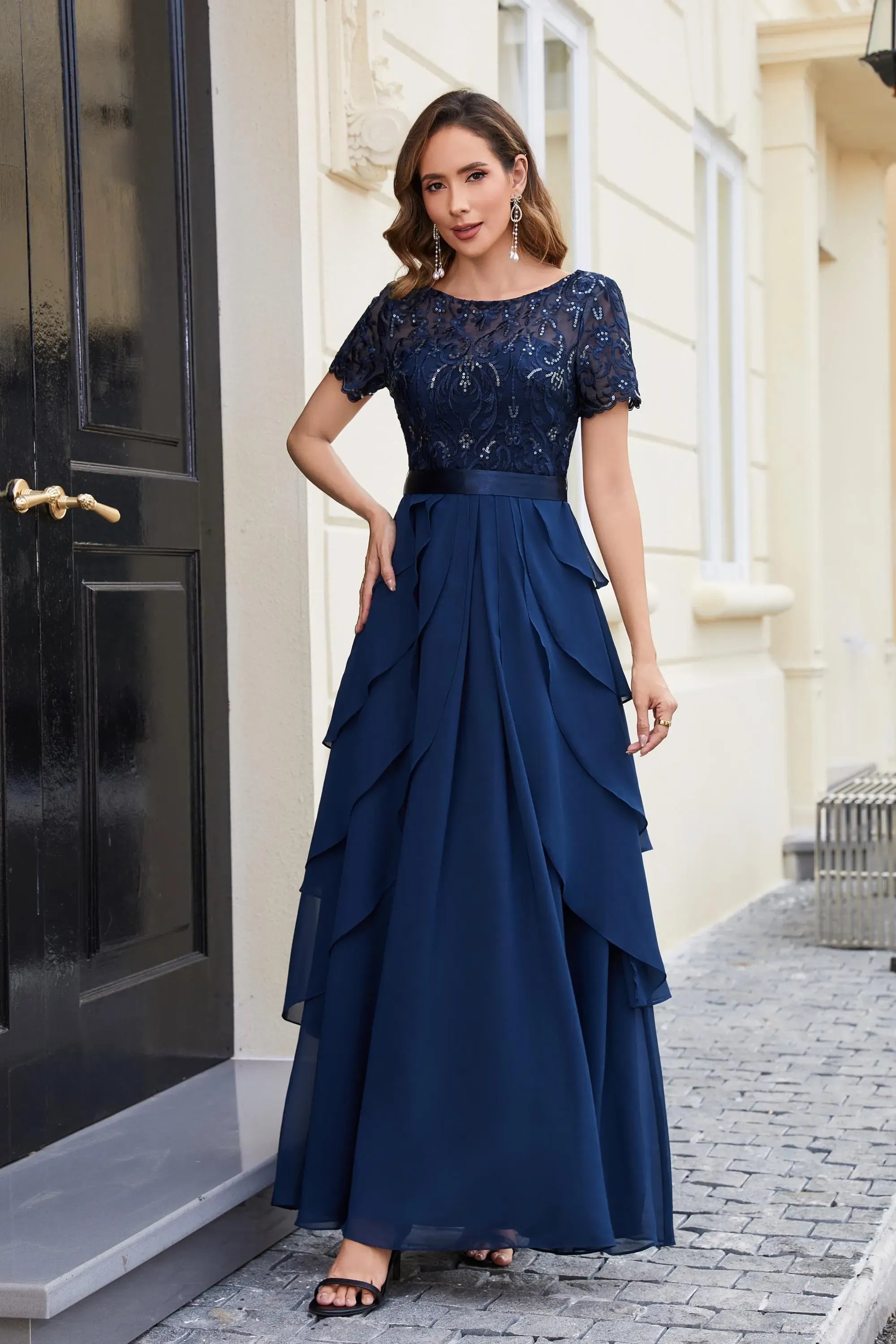 Navy Elegant A-Line Boat-Neck Sequins Long Mother of The Bride Dress