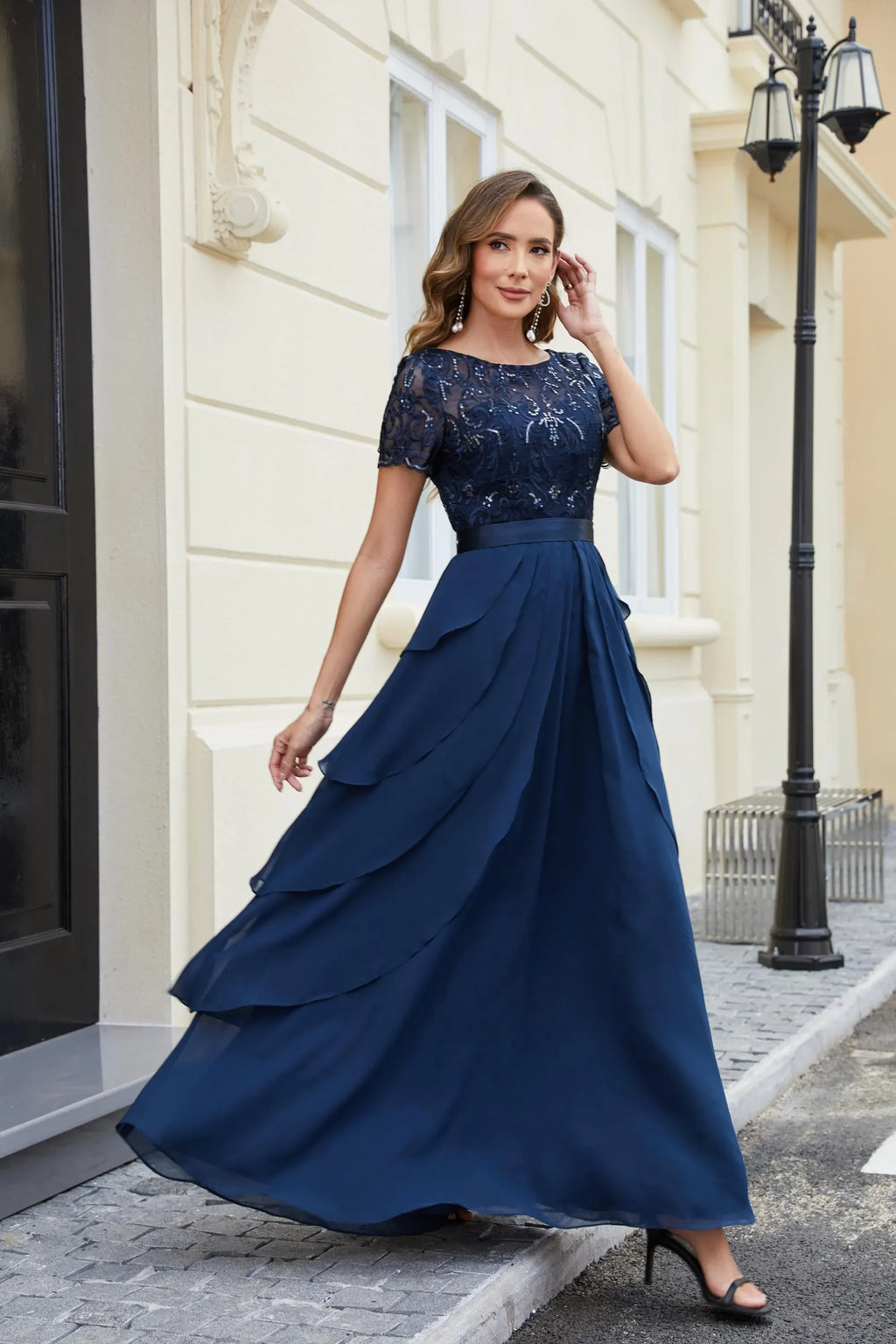Navy Elegant A-Line Boat-Neck Sequins Long Mother of The Bride Dress