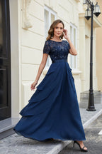Navy Elegant A-Line Boat-Neck Sequins Long Mother of The Bride Dress