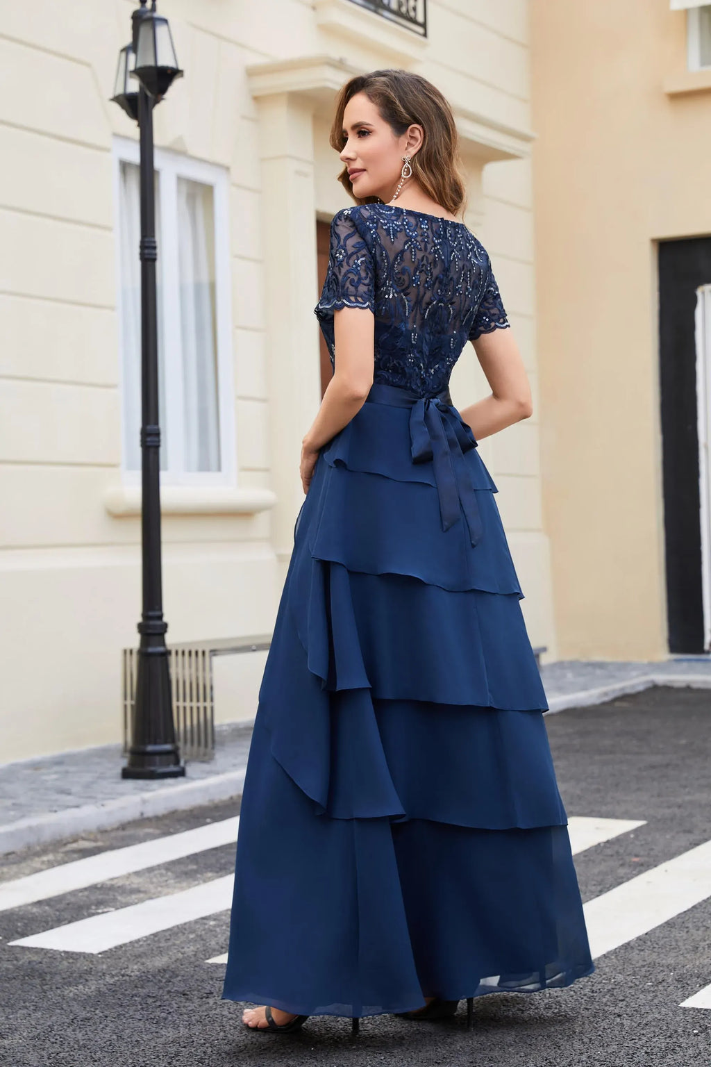 Navy Elegant A-Line Boat-Neck Sequins Long Mother of The Bride Dress