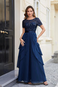 Navy Elegant A-Line Boat-Neck Sequins Long Mother of The Bride Dress