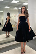 Velvet A Line Prom Dress Strapless Corset Bodice Black Midi Gown For Glam Prom Night