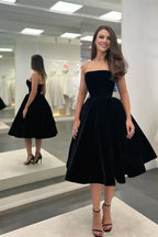 Velvet A Line Prom Dress Strapless Corset Bodice Black Midi Gown For Glam Prom Night