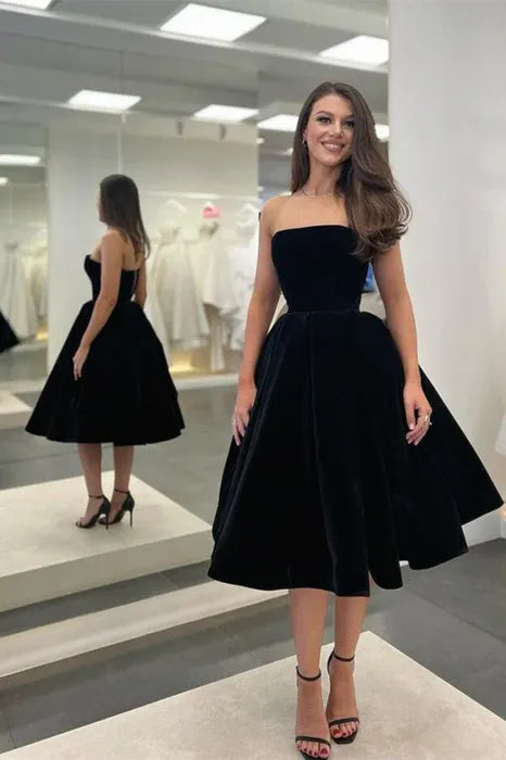 Velvet A Line Prom Dress Strapless Corset Bodice Black Midi Gown For Glam Prom Night