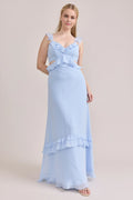 Fitted A-line Ruffle V Neck Sleeveless Backless Ankle-Length Bridesmaid Dress