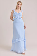 Fitted A-line Ruffle V Neck Sleeveless Backless Ankle-Length Bridesmaid Dress