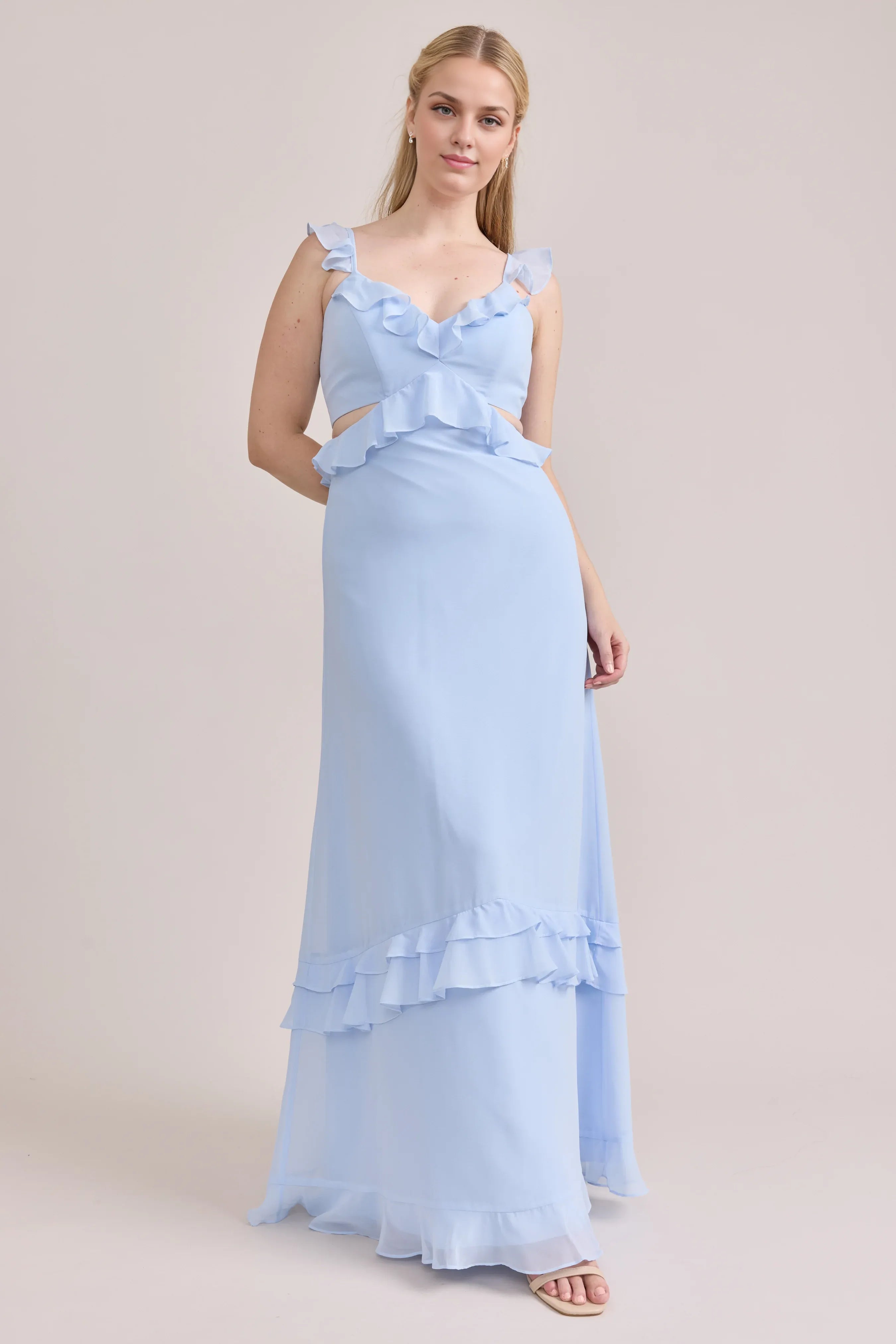 Fitted A-line Ruffle V Neck Sleeveless Backless Ankle-Length Bridesmaid Dress