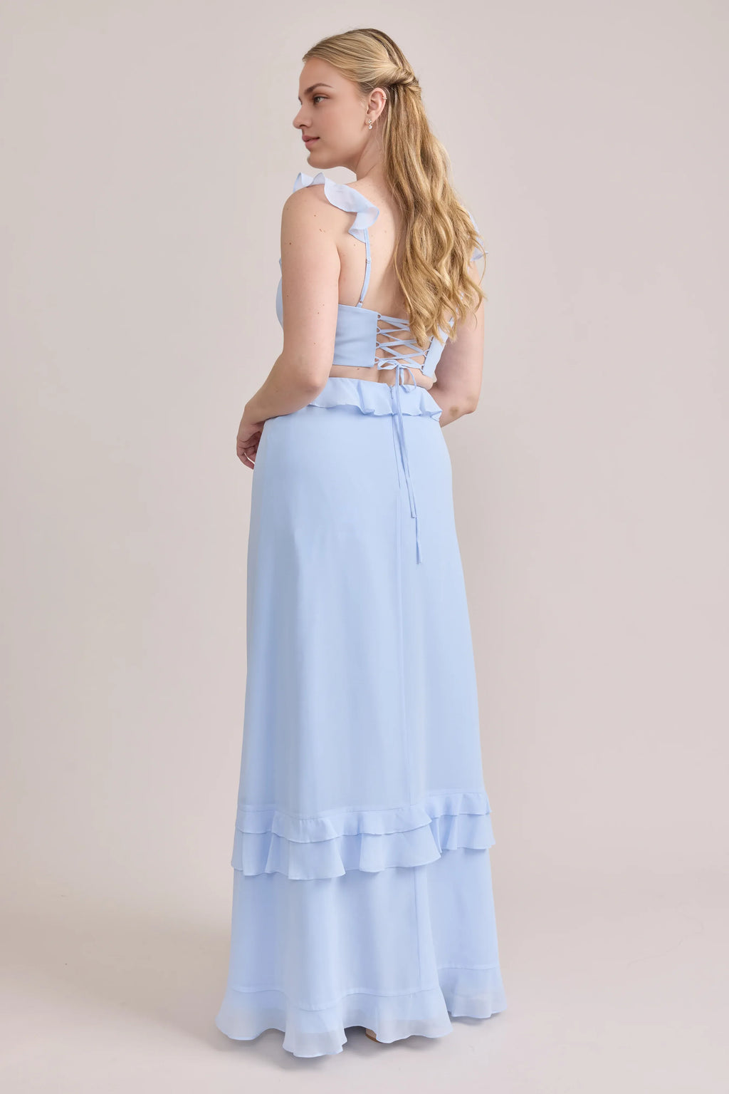 Fitted A-line Ruffle V Neck Sleeveless Backless Ankle-Length Bridesmaid Dress