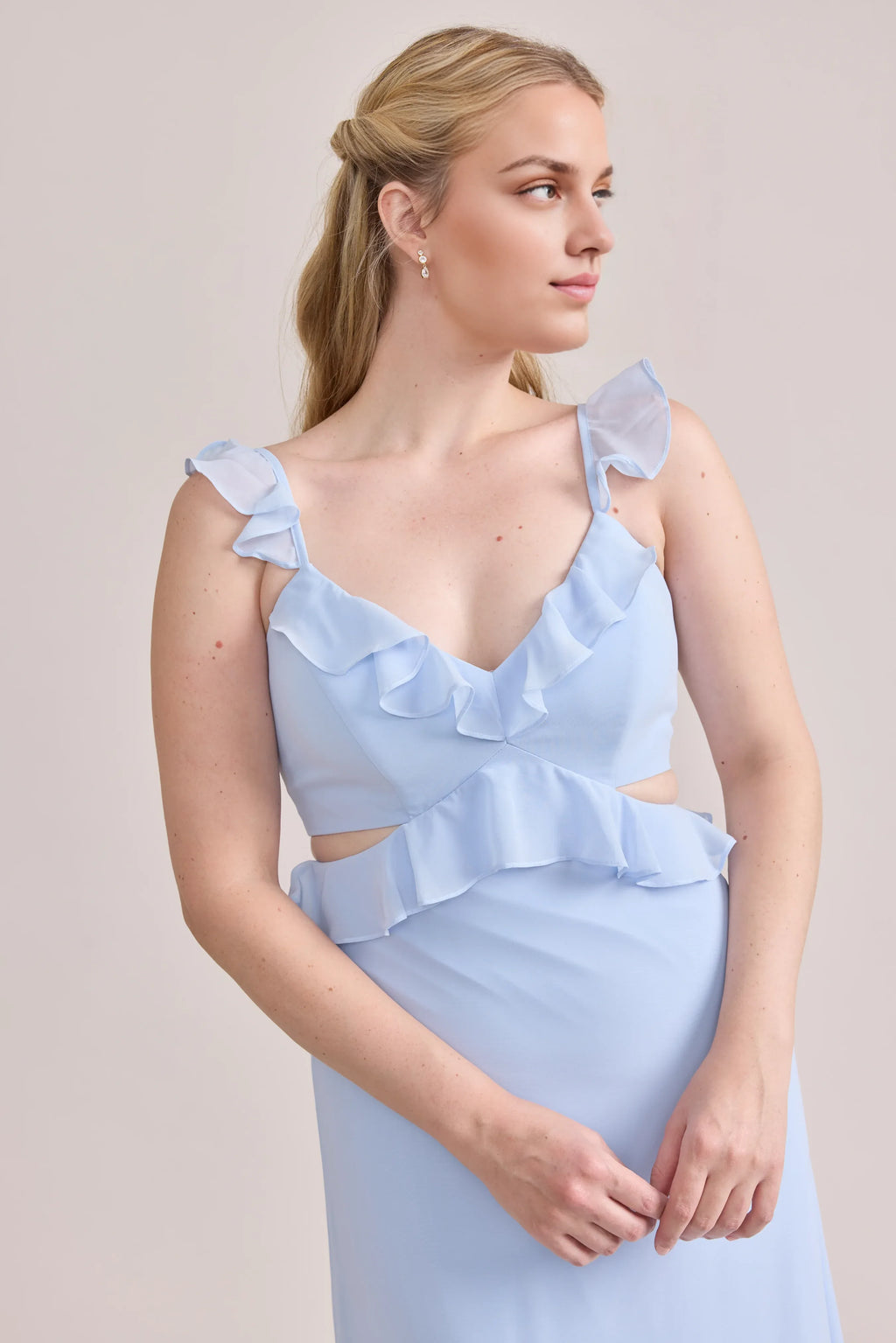 Fitted A-line Ruffle V Neck Sleeveless Backless Ankle-Length Bridesmaid Dress