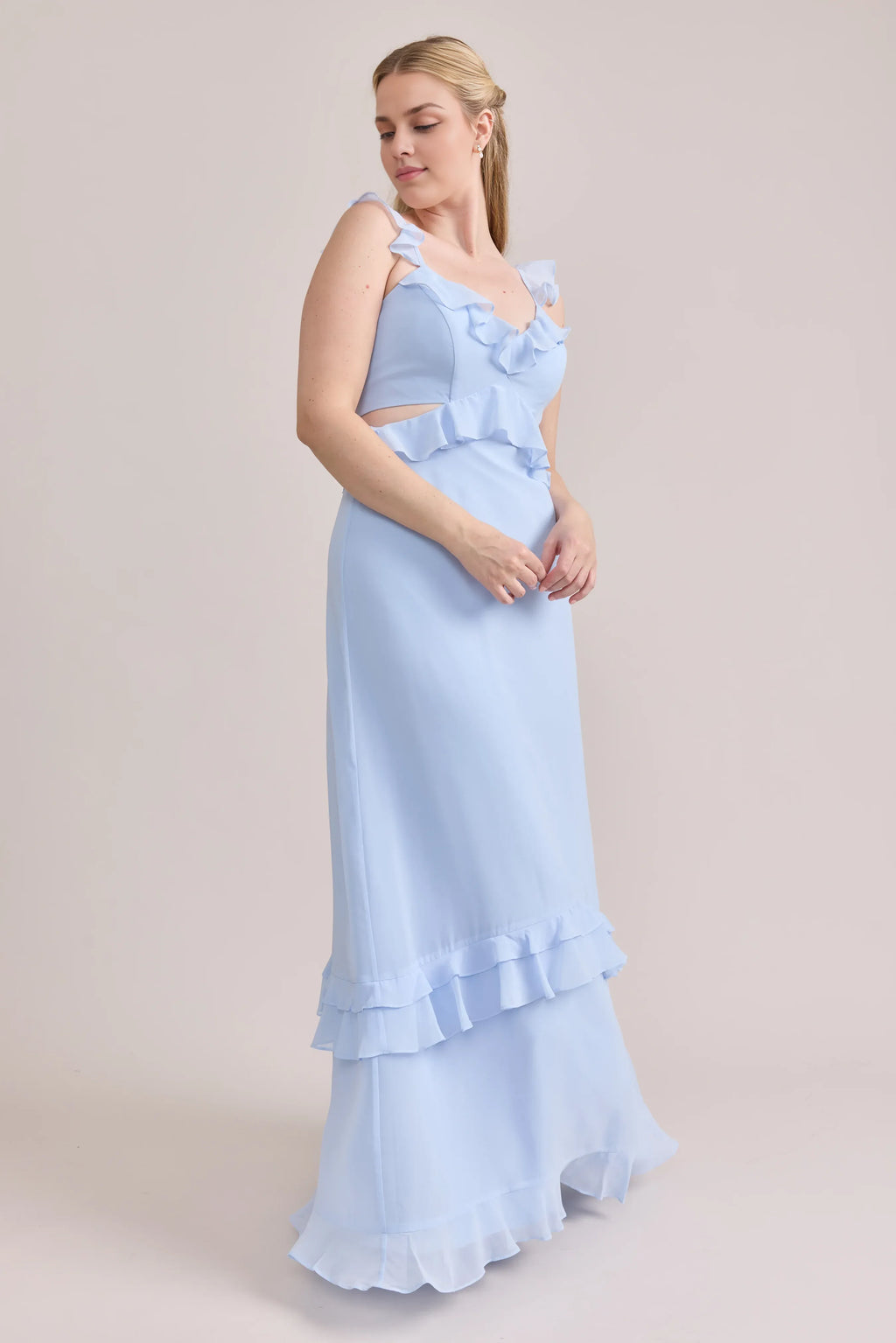 Fitted A-line Ruffle V Neck Sleeveless Backless Ankle-Length Bridesmaid Dress