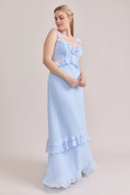 Fitted A-line Ruffle V Neck Sleeveless Backless Ankle-Length Bridesmaid Dress