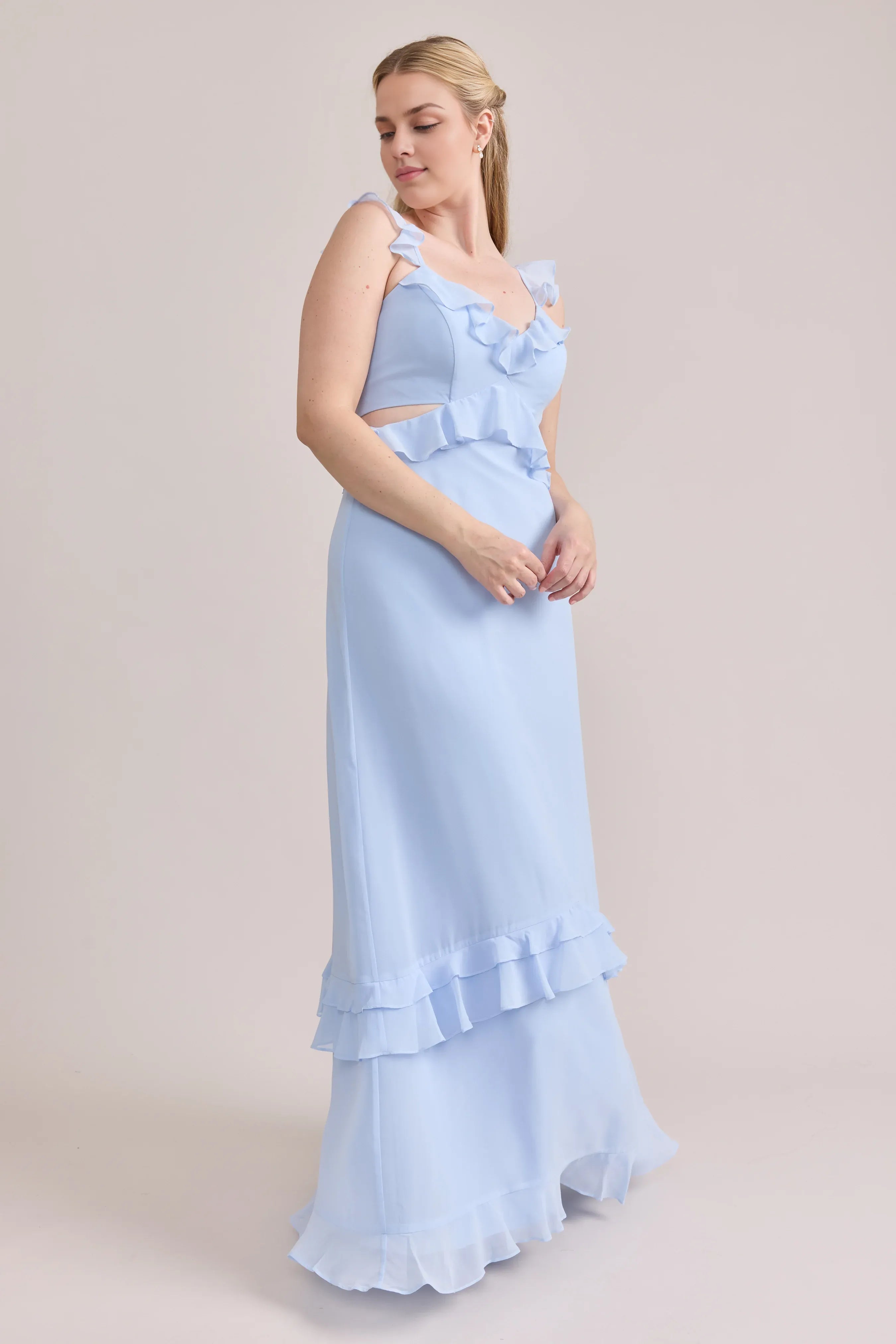 Fitted A-line Ruffle V Neck Sleeveless Backless Ankle-Length Bridesmaid Dress