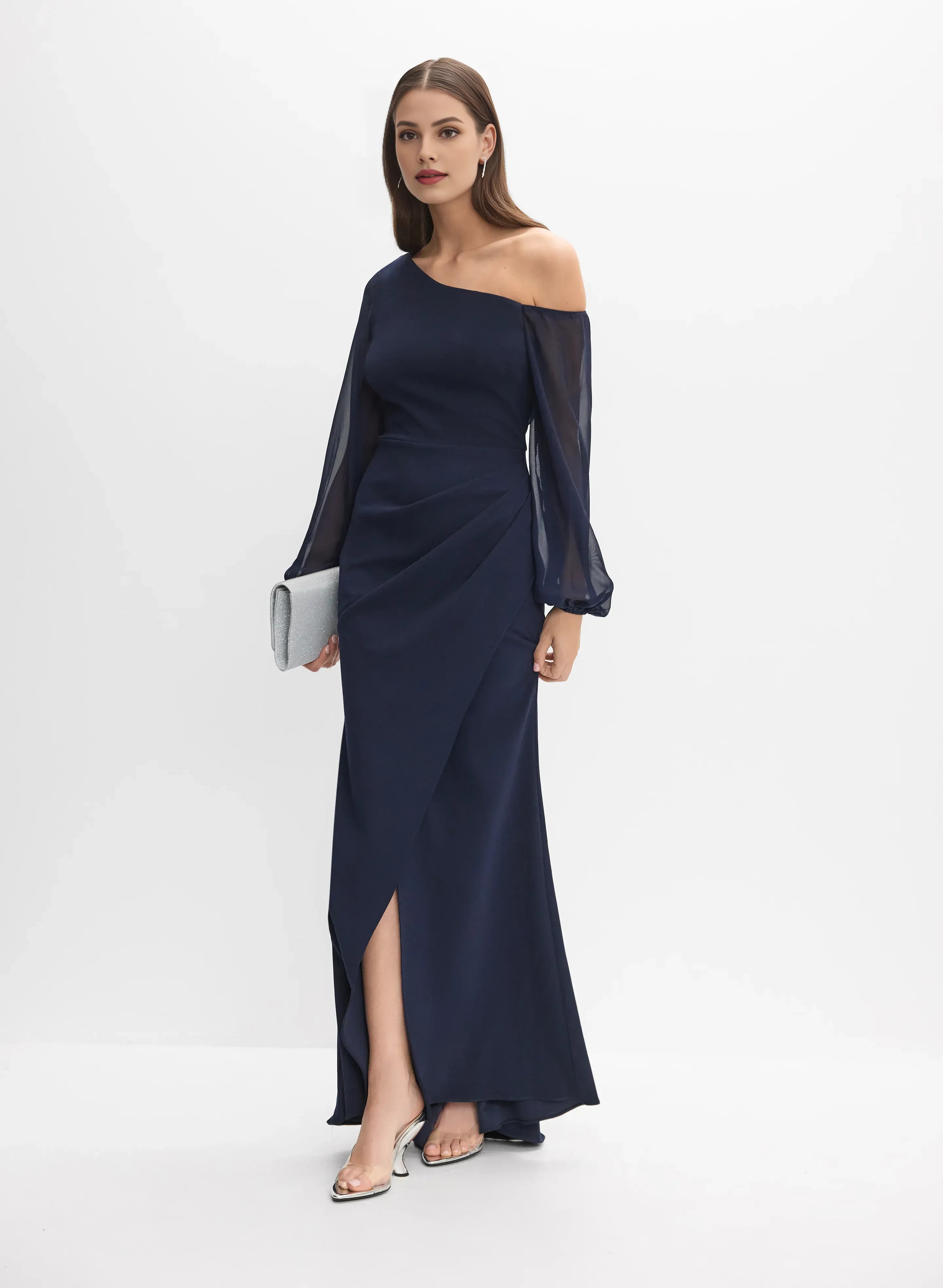 Fitted Asymmetric Neck Long Sleeve Zipper Up Floor-Length Prom Dress