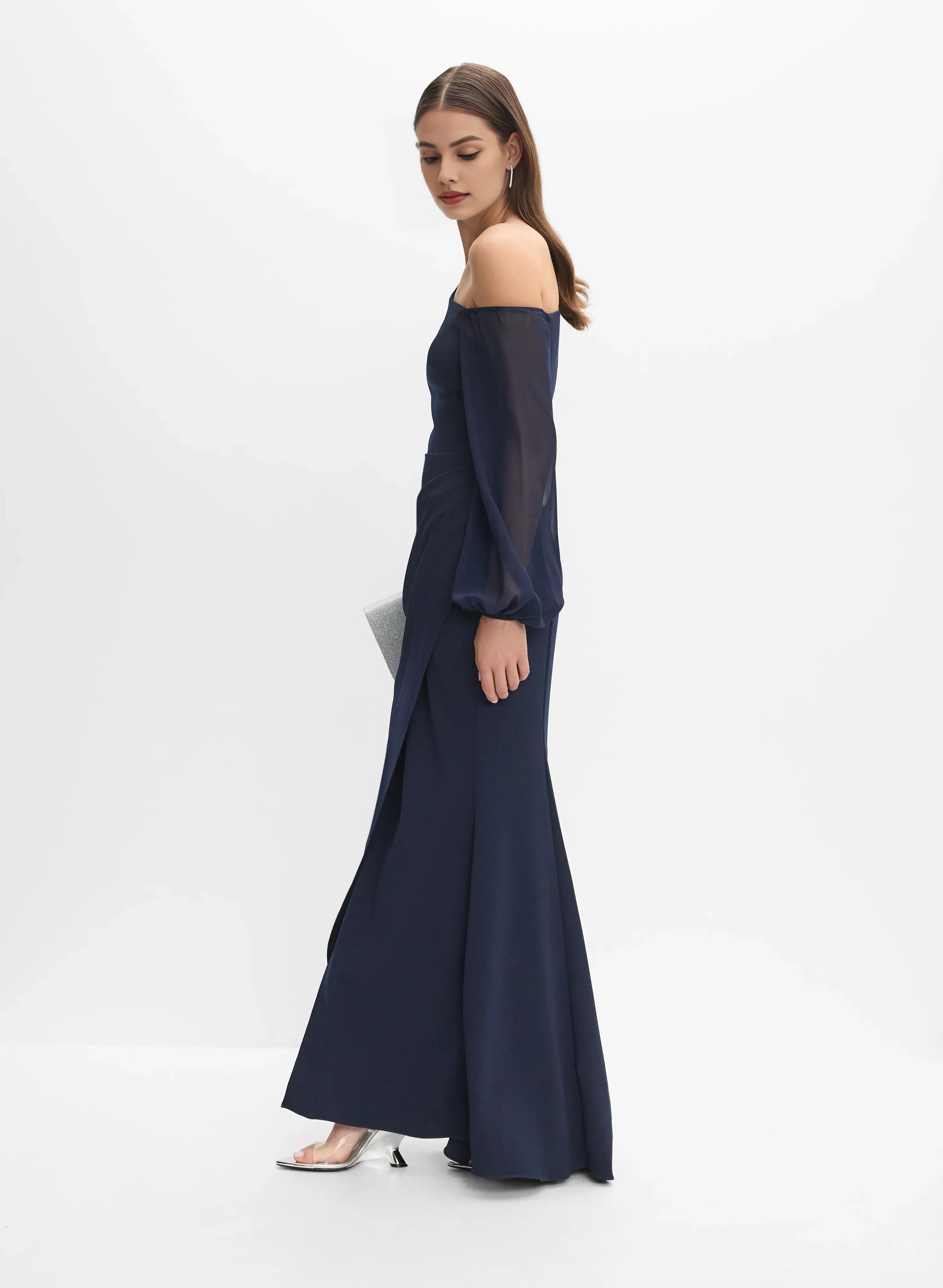 Fitted Asymmetric Neck Long Sleeve Zipper Up Floor-Length Prom Dress