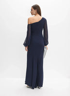 Fitted Asymmetric Neck Long Sleeve Zipper Up Floor-Length Prom Dress