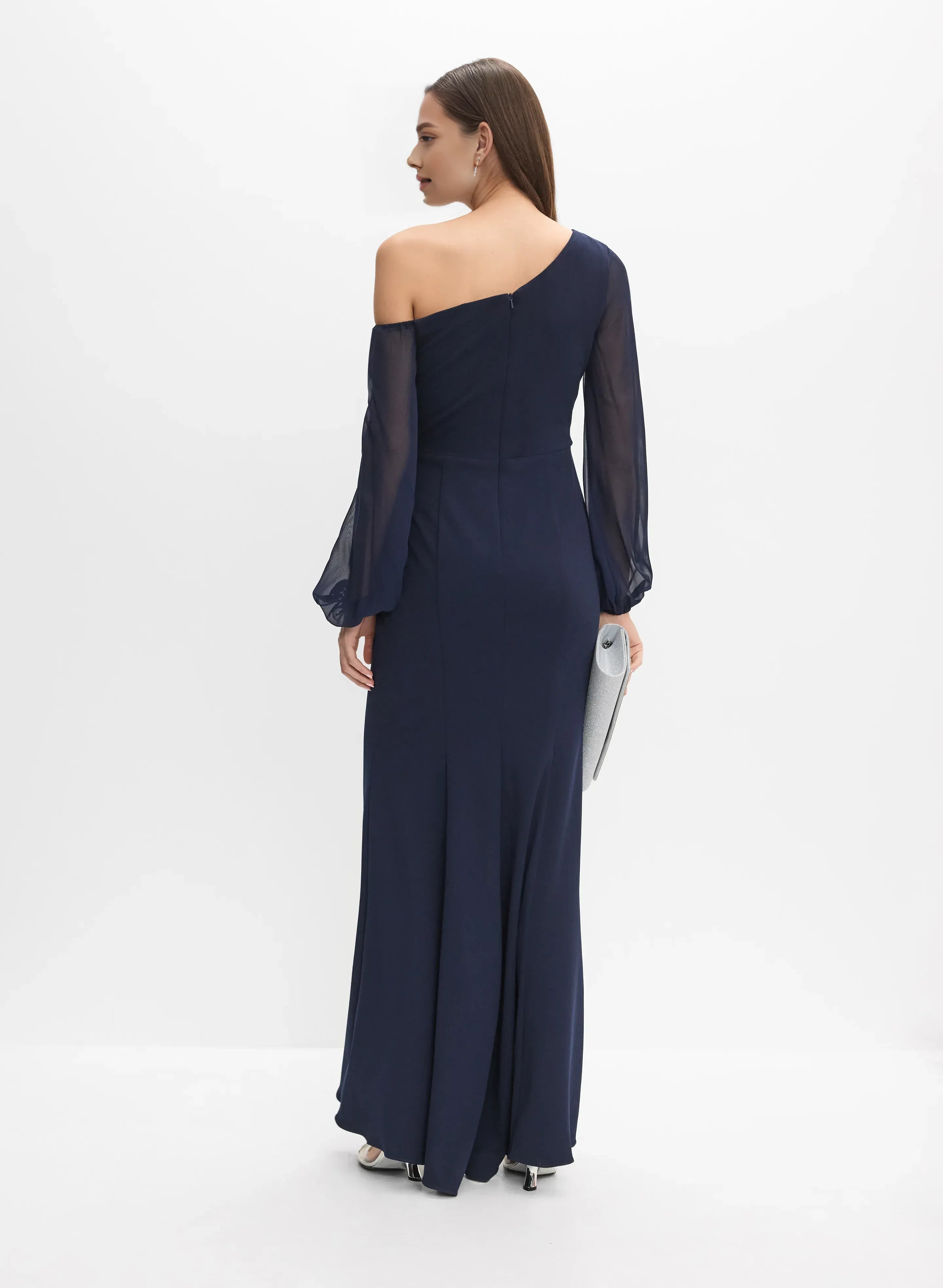 Fitted Asymmetric Neck Long Sleeve Zipper Up Floor-Length Prom Dress