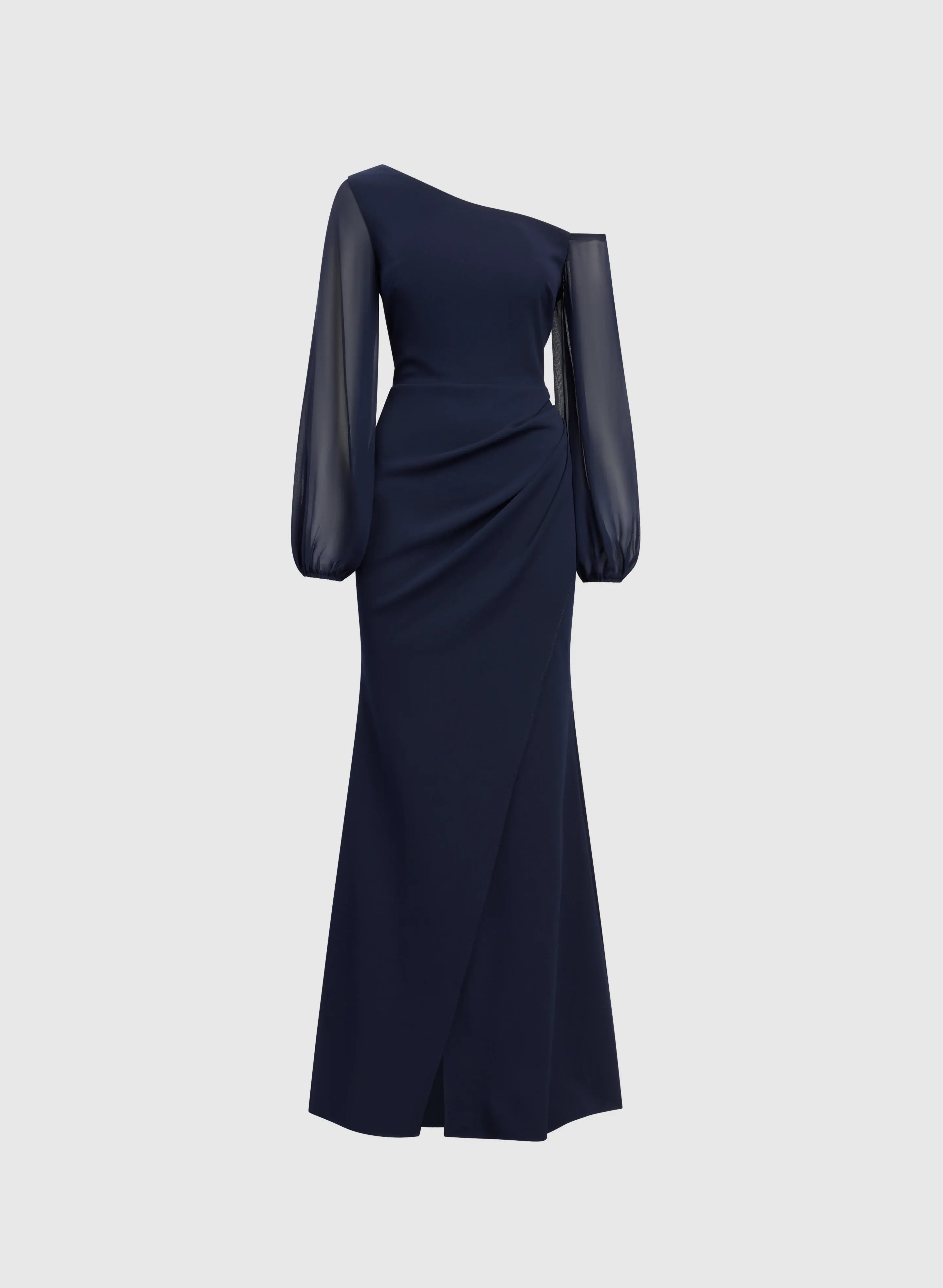 Fitted Asymmetric Neck Long Sleeve Zipper Up Floor-Length Prom Dress