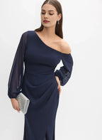 Fitted Asymmetric Neck Long Sleeve Zipper Up Floor-Length Prom Dress
