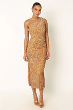 Fitted One Shoulder Sleeveless Sequins Ankle-Length Prom Dress
