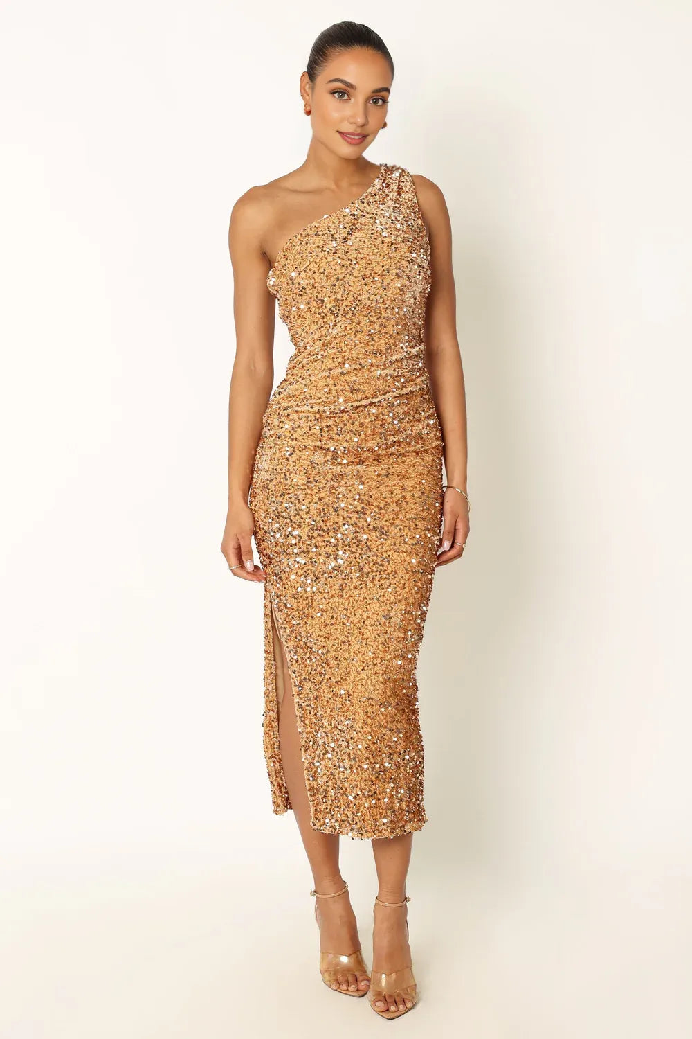 Fitted One Shoulder Sleeveless Sequins Ankle-Length Prom Dress