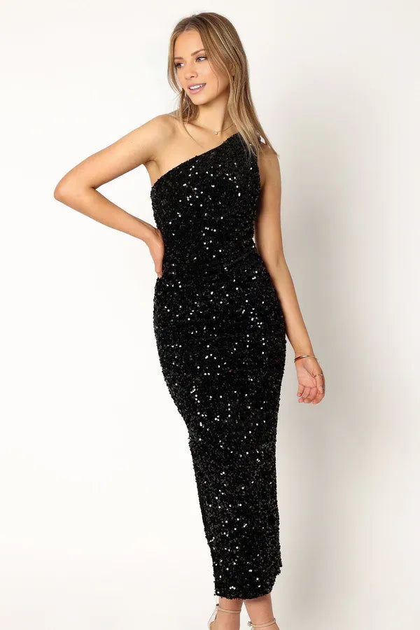 Fitted One Shoulder Sleeveless Sequins Ankle-Length Prom Dress