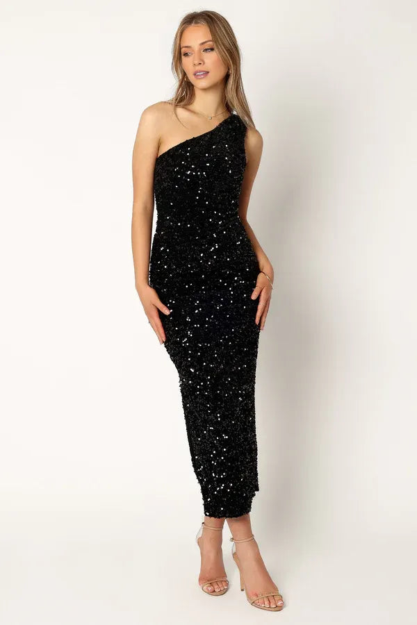 Fitted One Shoulder Sleeveless Sequins Ankle-Length Prom Dress