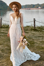 Mermaid Off the Shoulder Sleeveless V Back Sweep Train Wedding Dress