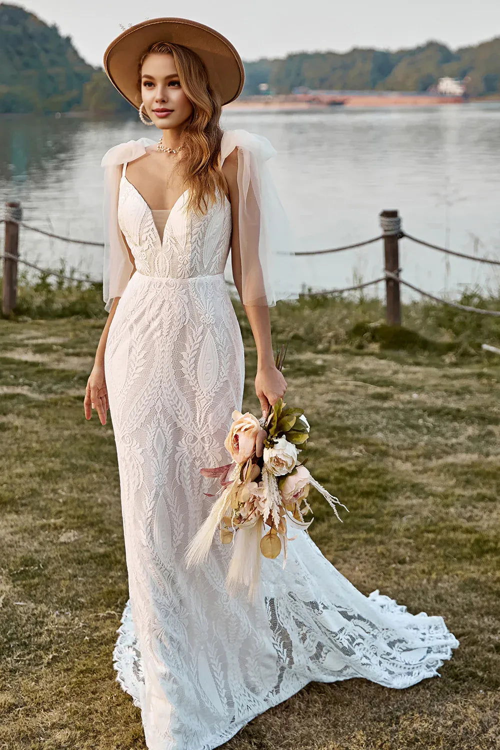 Mermaid Off the Shoulder Sleeveless V Back Sweep Train Wedding Dress