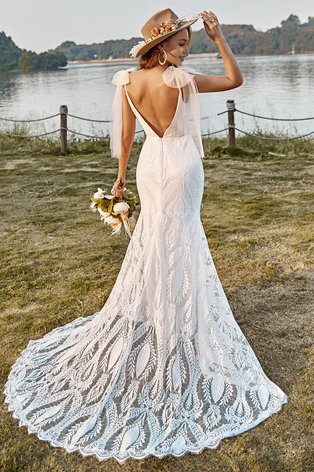 Mermaid Off the Shoulder Sleeveless V Back Sweep Train Wedding Dress