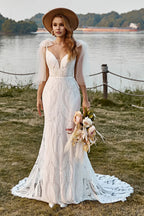 Mermaid Off the Shoulder Sleeveless V Back Sweep Train Wedding Dress