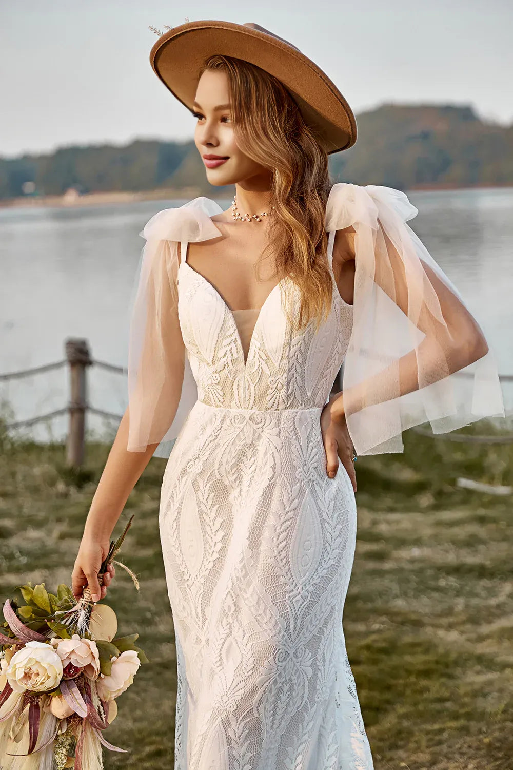 Mermaid Off the Shoulder Sleeveless V Back Sweep Train Wedding Dress