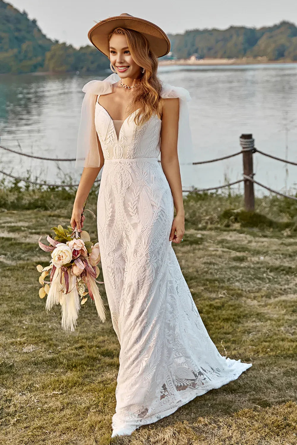 Mermaid Off the Shoulder Sleeveless V Back Sweep Train Wedding Dress