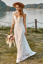Mermaid Off the Shoulder Sleeveless V Back Sweep Train Wedding Dress