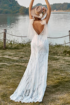 Mermaid Off the Shoulder Sleeveless V Back Sweep Train Wedding Dress