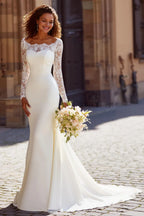 Mermaid/Trumpet Boat Neck Long Sleeve Sweep Train Wedding Dress