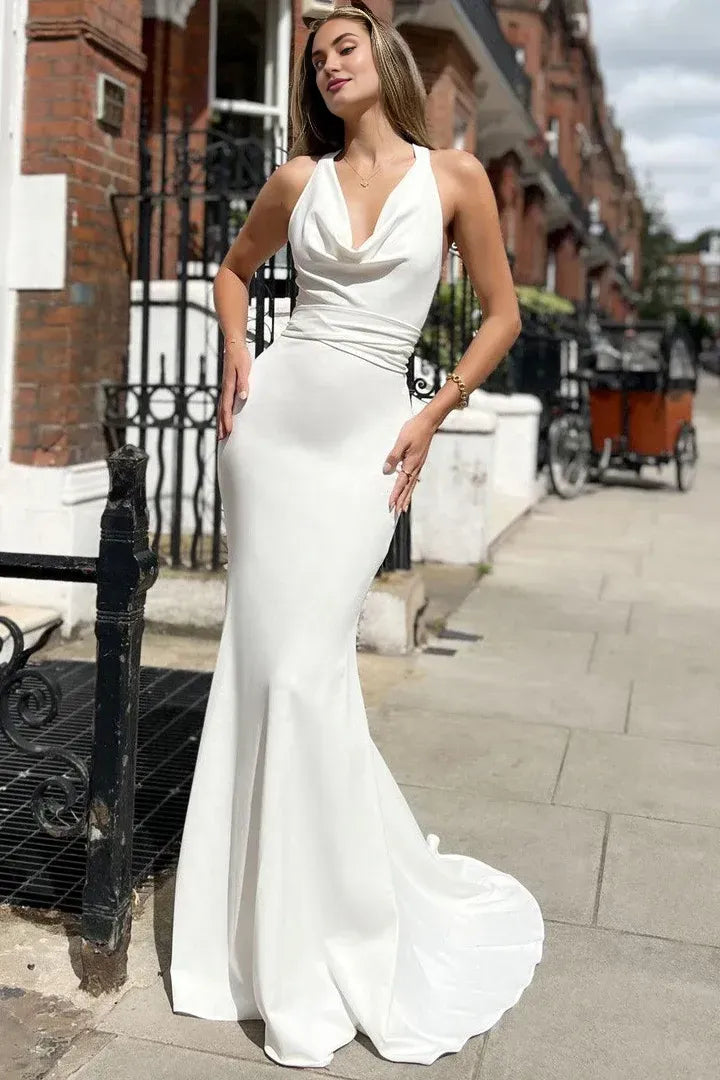 Mermaid/Trumpet Cowl Neck Sleeveless Sweep/Brush Train Wedding Dress